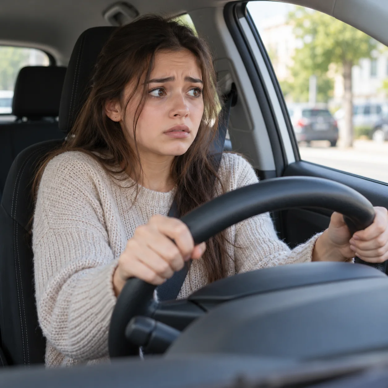 Chica joven al volante de su coche con cara de miedo | Amaxofobia | Miedo a Conducir | Madrid Psicoterapia